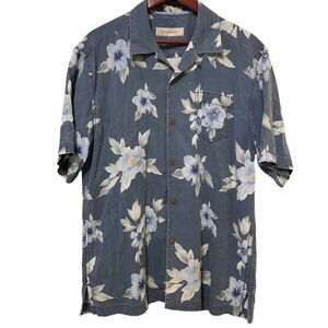 Tommy Bahama Mens Silk Camp Shirt M Blue Hawaiian Floral Button Up Yacht Vacay